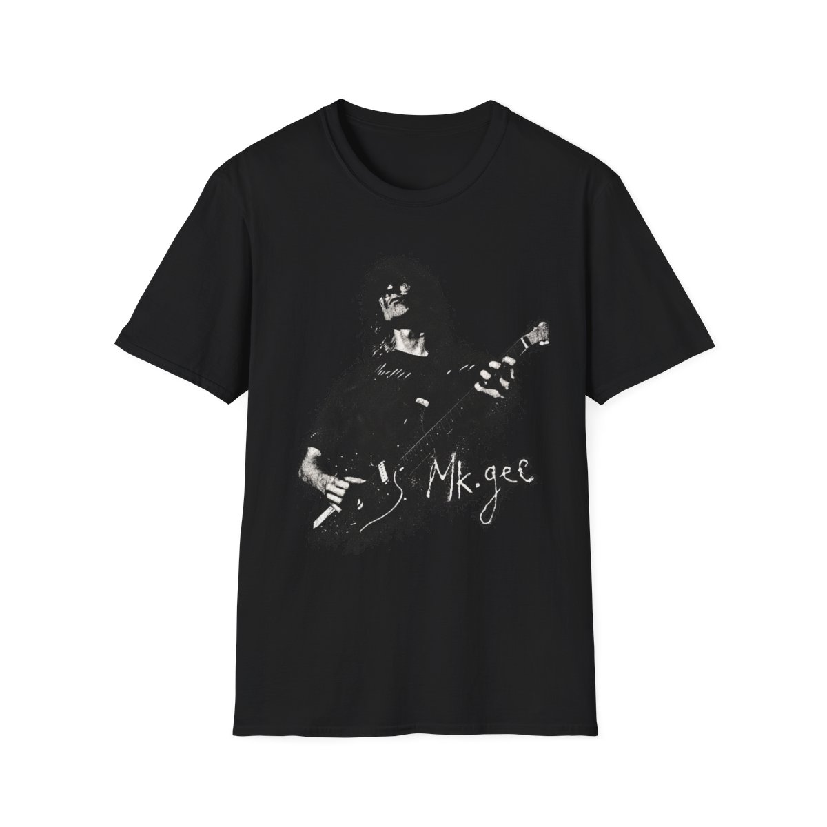 Grunge Guitarist Portrait T-Shirt | Black Ink Music Tee | MK.GEEE Singer & Songwriter - alternate angle 2, merchandise